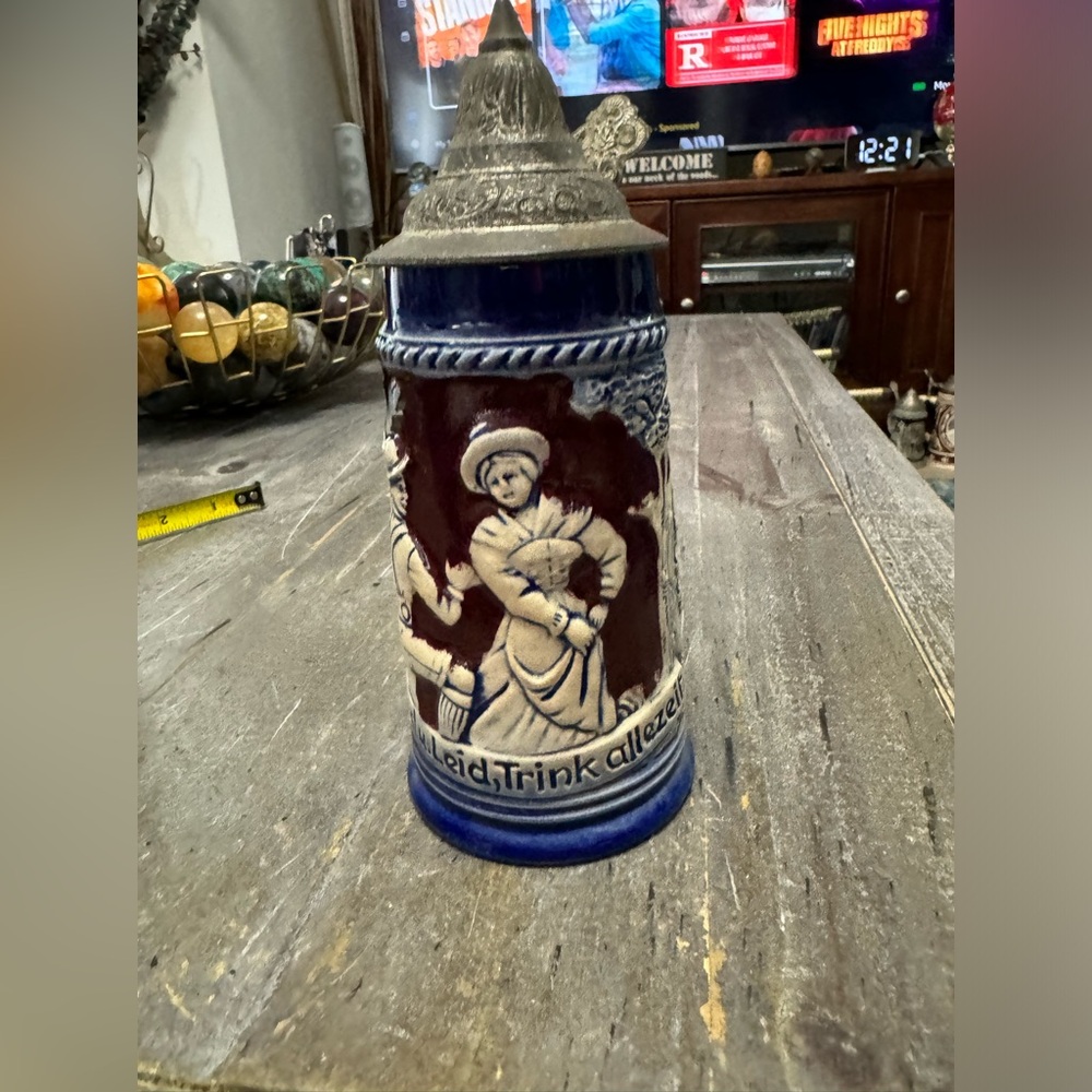 Vintage DBGM West German Pewter Lidded Beer Steins Blue/white